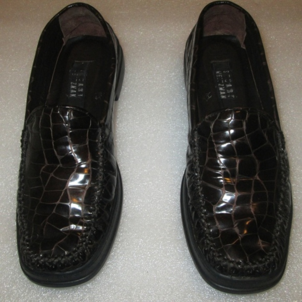 Stuart Weitzman Black Patent Croc print Slip Ons